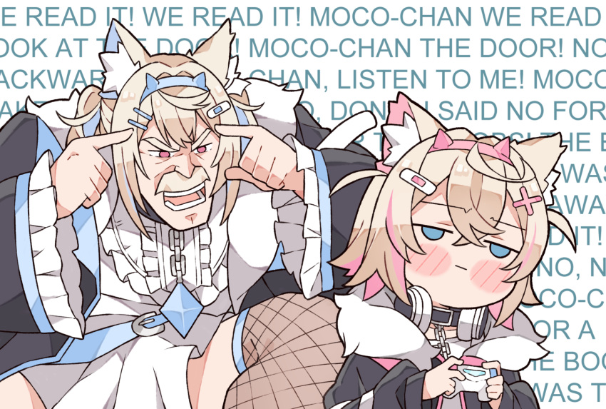 2girls :| animal_collar animal_ears bandaid_hair_ornament black_choker black_collar black_jacket blonde_hair blue_eyes blue_hair blue_hairband blush chain chibi choker closed_mouth collar crossed_bangs dog_ears dog_girl double-parted_bangs dress english_text fake_horns fingers_to_head frilled_sleeves frills frown fur-trimmed_jacket fur_trim fuwawa_abyssgard hair_between_eyes hair_ornament hairband hairclip headphones headphones_around_neck highres hololive hololive_english horns invincible_(series) jacket kukie-nyan long_sleeves meme mococo_abyssgard multicolored_hair multiple_girls open_clothes open_jacket open_mouth pink_eyes pink_hair pink_hairband puffy_long_sleeves puffy_sleeves shirt streaked_hair text_background think_mark_think!_(meme) twintails virtual_youtuber white_dress white_shirt x_hair_ornament