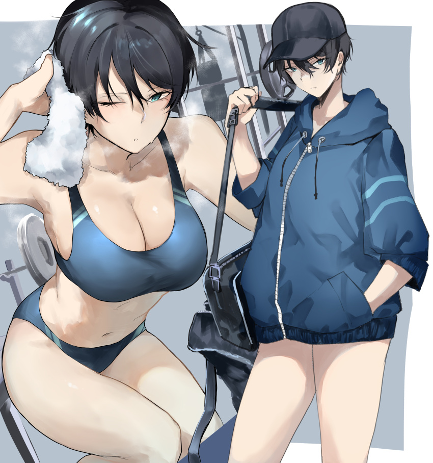 1girl absurdres armpits bag barbell baseball_cap black_bag black_hair blue_eyes blue_hoodie blue_jacket blue_sports_bra breasts breath cleavage collarbone commentary duffel_bag feet_out_of_frame hand_in_pocket hat highres holding holding_bag holding_strap hood hoodie jacket kyoyakyo large_breasts multiple_views navel one_eye_closed open_bag original parted_lips power_rack punching_bag short_hair sports_bikini sports_bra standing steaming_body sweat symbol-only_commentary tomboy towel tsurime zipper zipper_pull_tab