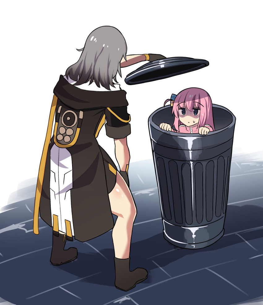 2girls absurdres arm_support black_gloves black_jacket bocchi_the_rock! commentary crossover cube_hair_ornament english_commentary full_body gloves gotou_hitori grey_hair hair_between_eyes hair_ornament highres hinghoi holding honkai:_star_rail honkai_(series) in_trash_can jacket leaning_forward lid long_hair long_sleeves looking_at_another multiple_girls one_side_up opening pink_hair pink_jacket pink_track_suit shaded_face sidelocks stelle_(honkai:_star_rail) track_jacket trailblazer_(honkai:_star_rail) trash_can trashcan_lid turtleneck turtleneck_jacket yellow_trim