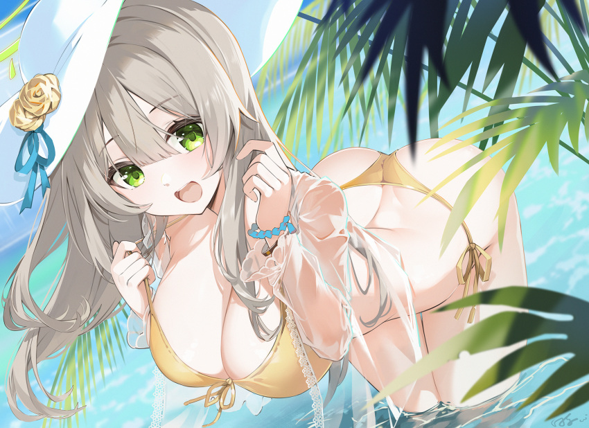 1girl :d ass baisi_shaonian bent_over bikini blonde_hair blue_archive blue_sky bracelet breasts floating_hair flower green_eyes halo hands_up hat hat_flower highres jewelry large_breasts leaf long_hair looking_at_viewer nonomi_(blue_archive) nonomi_(swimsuit)_(blue_archive) ocean open_mouth see-through see-through_shirt shirt sky smile solo sun_hat swimsuit wading water wet wet_clothes wet_shirt yellow_bikini