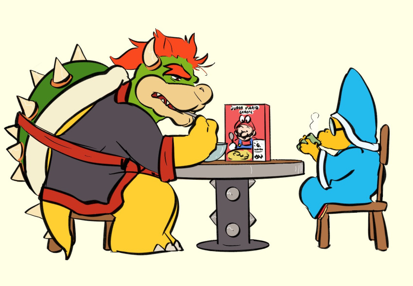 beverage bowl bowser breakfast cereal cereal_box chair claws clothing container duo eating eating_food eyewear food furniture glasses hair hat headgear headwear horn hot_beverage kairy_draws kamek koopa magikoopa male mario_bros nintendo pointy_hat red_hair robe scalie scruffy shell sipping sitting spiked_shell spikes spikes_(anatomy) table