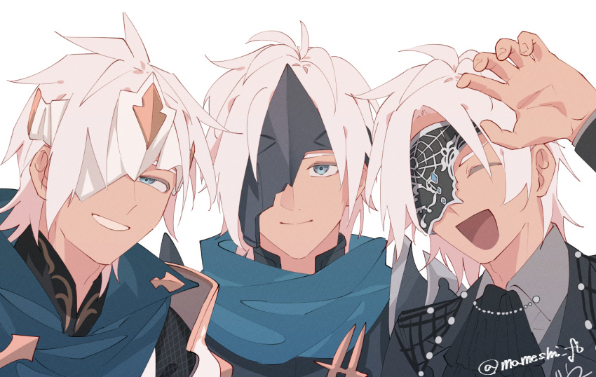 3boys ahoge bishounen blue_eyes dark-skinned_male dark_skin eyepatch hair_over_one_eye kratos_aurion macha@meshi male_focus multiple_boys one_eye_closed open_mouth short_hair smile tales_of_(series) tales_of_arise tales_of_symphonia white_background white_hair xelloss zelos_wilder