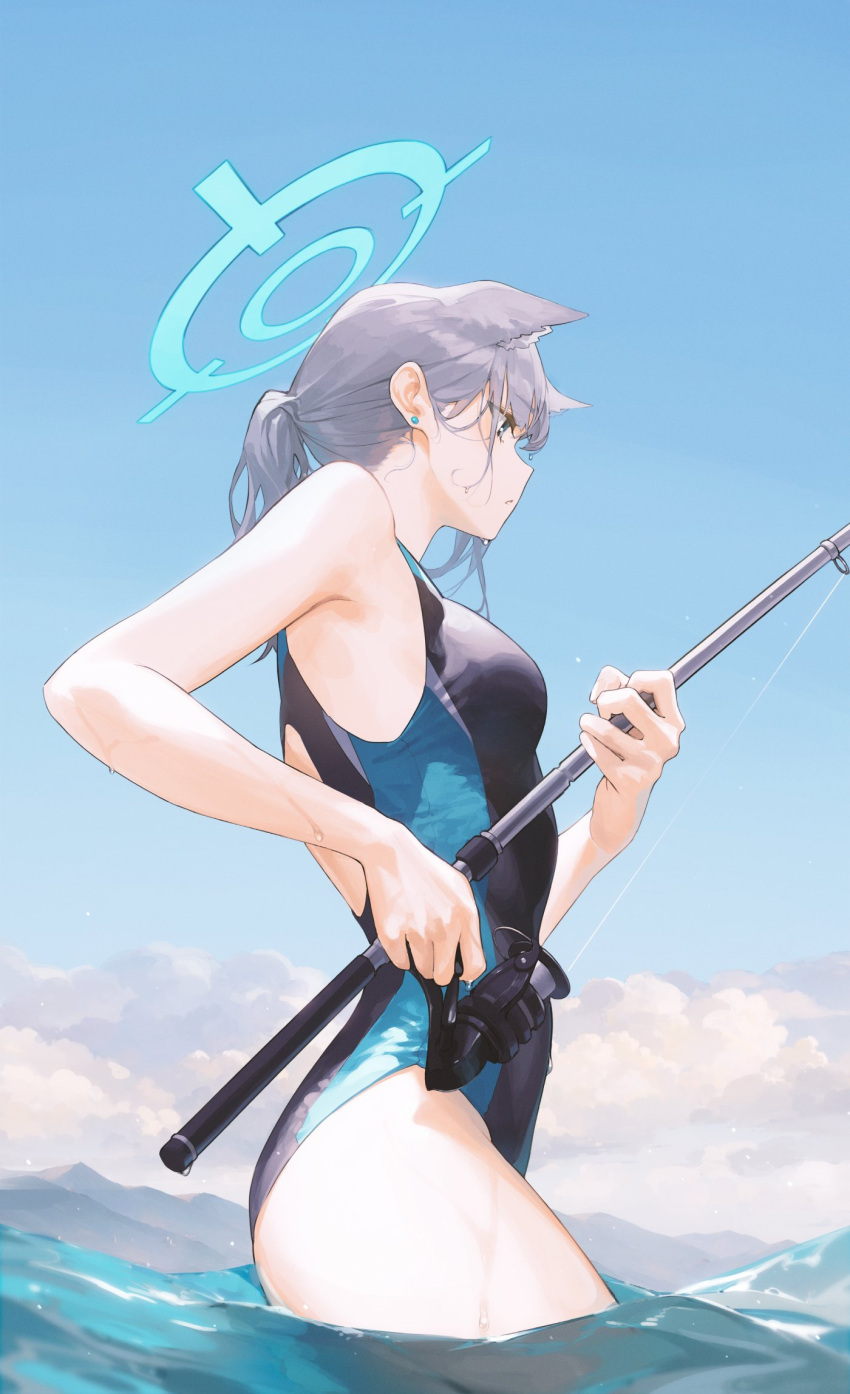 1girl animal_ears blue_archive blue_sky breasts cloud competition_swimsuit day ear_piercing fishing_rod from_side grey_hair halo highres holding holding_fishing_rod medium_breasts one-piece_swimsuit outdoors piercing ponytail profile shiroko_(blue_archive) shiroko_(swimsuit)_(blue_archive) sky solo sul_(_20sub) swimsuit wading water wet wet_hair