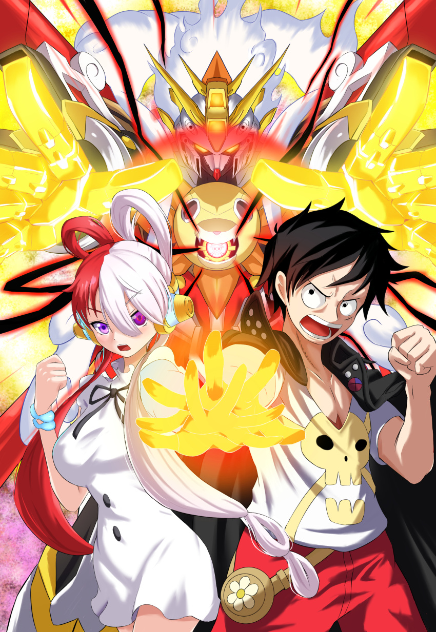 1boy 1girl absurdres black_hair breasts cape clenched_hand code_geass dress g_gundam geass glowing glowing_eye glowing_hand gundam hair_between_eyes hair_rings heterochromia highres long_hair medium_breasts monkey_d._luffy multicolored_hair one_piece open_mouth outstretched_hand parody purple_eyes red_hair scar scar_on_face sekiha_love-love_tenkyoken shirt short_dress skull_and_crossbones thousand_sunny two-tone_hair uta_(one_piece) very_long_hair white_dress white_hair white_shirt zerokun135
