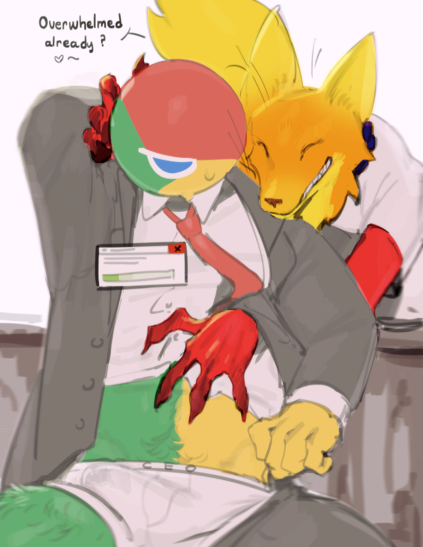 absurd_res anthro body_hair bulge canid canine clawed_fingers countershade_fur countershading dialogue duo for_a_head fox fur google google_chrome hi_res humanoid kogito leg_hair male male/male mammal mozilla mozilla_firefox_(character) multicolored_body necktie object_head orange_body orange_fur pubes smile snout speech_bubble