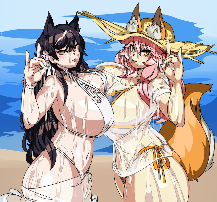 absurd_res animal_humanoid atago_(azur_lane) azur_lane beach big_breasts bikini black_hair bodily_fluids breast_to_breast breasts canid canid_humanoid canine canine_humanoid captainkirb caster_tamamo-no-mae clothed clothing crossover cum cum_everywhere digital_media_(artwork) dog_humanoid duo duo_focus fate_(series) female fox fox_humanoid fox_shadow_puppet fur genital_fluids gesture group hair hi_res huge_breasts humanoid inner_ear_fluff lancer_tamamo-no-mae mammal mammal_humanoid messy navel orange_body orange_fur orange_tail outside pink_hair sand seaside swimwear tail tuft type-moon yellow_eyes