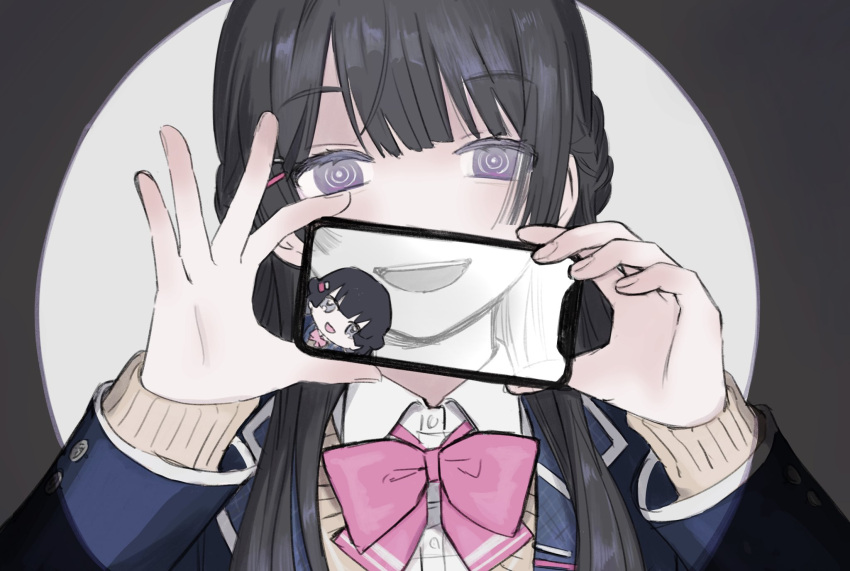 1girl black_background black_hair blazer bow bowtie brown_sweater cellphone_picture chibi collared_shirt commentary_request dual_persona hair_over_shoulder half-closed_eyes half_updo hands_up head_tilt highres hito_mania_(utau) holding holding_phone jacket long_hair long_sleeves looking_at_viewer nijisanji open_mouth partially_colored phone pink_bow pink_bowtie purple_eyes ringed_eyes school_uniform shirt smile solo spotlight sweater thick_eyelashes tsukino_mito tsukino_mito_(1st_costume) two-tone_background upper_body virtual_youtuber white_background white_shirt yuge_(am00iyw)
