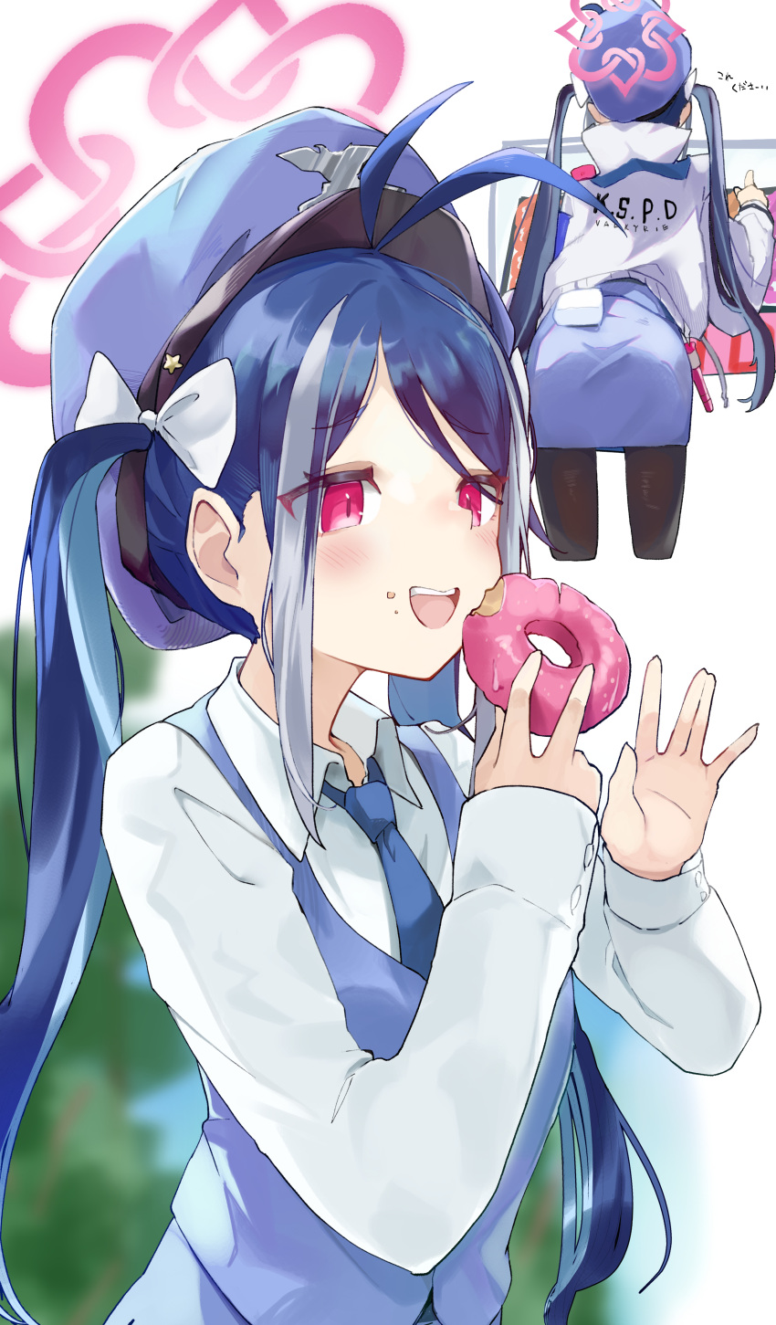 1girl absurdres antenna_hair blue_archive blue_hair blue_headwear blue_skirt blue_vest blush chankuro doughnut food fubuki_(blue_archive) grey_hair halo hat highres holding holding_food jacket long_hair multicolored_hair multiple_views open_clothes open_jacket open_mouth pink_halo red_eyes skirt smile streaked_hair twintails vest white_jacket