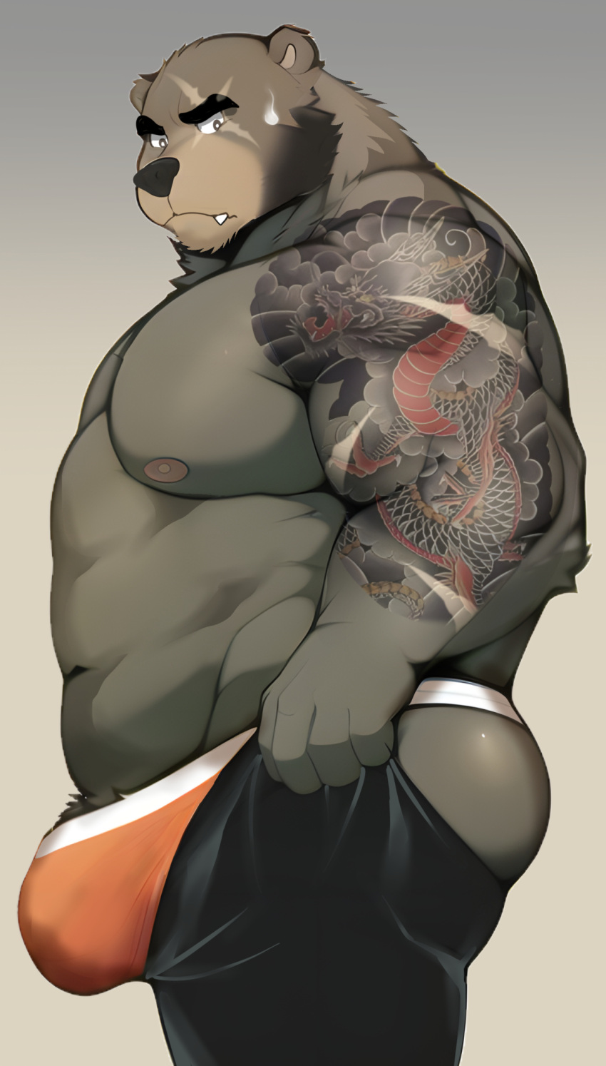 1boy animal_ears arm_tattoo ass bara bear_boy bear_ears big_belly brown_fur bulge bulge_lift dressing fang fang_out fat fat_man feet_out_of_frame from_side highres i've_never_seen_a_guy_recreate_this_successfully_tbh_(meme) jockstrap kumahachi large_bulge large_pectorals looking_at_viewer male_focus male_pubic_hair male_underwear meme muscular muscular_male nipples open_pants orange_male_underwear original pants pants_lift pectorals pubic_hair pubic_hair_peek short_hair solo stomach sweatdrop tattoo thick_eyebrows topless_male undersized_clothes underwear