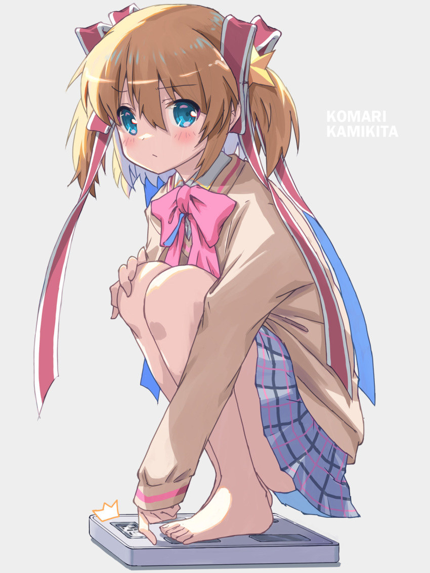 1girl akayama_yukihe barefoot blonde_hair blue_eyes blue_skirt blush brown_sweater character_name feet hair_ornament highres kamikita_komari little_busters! plaid plaid_skirt ribbon school_uniform short_hair skirt solo squatting star_(symbol) star_hair_ornament sweater thighs toes twintails weighing_scale