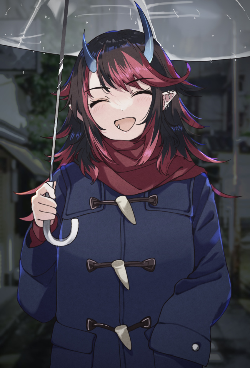 1girl :d absurdres alternate_costume black_hair blue_coat blush closed_eyes coat commentary_request demon_girl demon_horns ear_piercing earrings highres holding holding_umbrella horns jewelry long_hair multicolored_hair nanashi_inc. open_mouth piercing pointy_ears rain red_hair red_scarf ryugasaki_rene scarf sleeves_past_fingers sleeves_past_wrists smile solo sugar_lyric transparent transparent_umbrella two-tone_hair umbrella upper_body virtual_youtuber zono_(inokura_syuzo029)