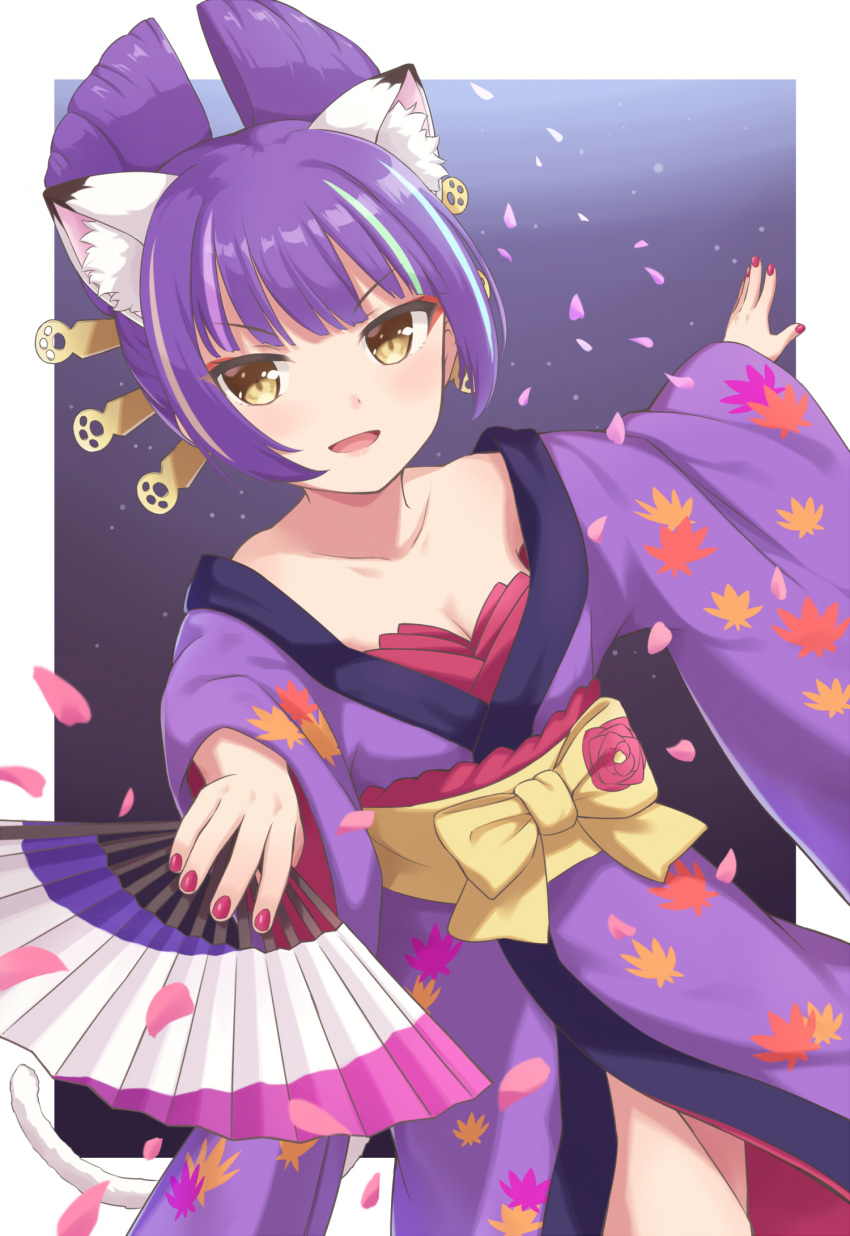 animal_humanoid asian_clothing blush cat_humanoid clothing colored_nails daru_dayu_(show_by_rock!!) domestic_cat east_asian_clothing felid felid_humanoid feline feline_humanoid felis female fluffy_ears hair hi_res humanoid japanese_clothing kimono machikado07 mammal mammal_humanoid nails open_mouth purple_hair sanrio short_hair show_by_rock!! simple_background solo yellow_eyes