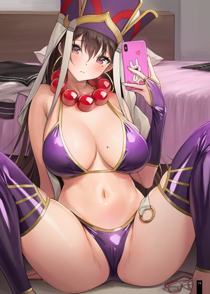 1girl absurdres ame_(uten_cancel) bead_necklace beads bed bikini blush breasts bridal_gauntlets brown_hair cameltoe cellphone earrings fate/grand_order fate_(series) headboard headpiece highres hoop_earrings indoors jewelry long_hair looking_at_viewer mole mole_on_breast mole_under_eye necklace non-web_source phone pillow prayer_beads purple_bikini purple_eyes smartphone solo spread_legs swimsuit thighhighs xuangzang_sanzang_(fate)