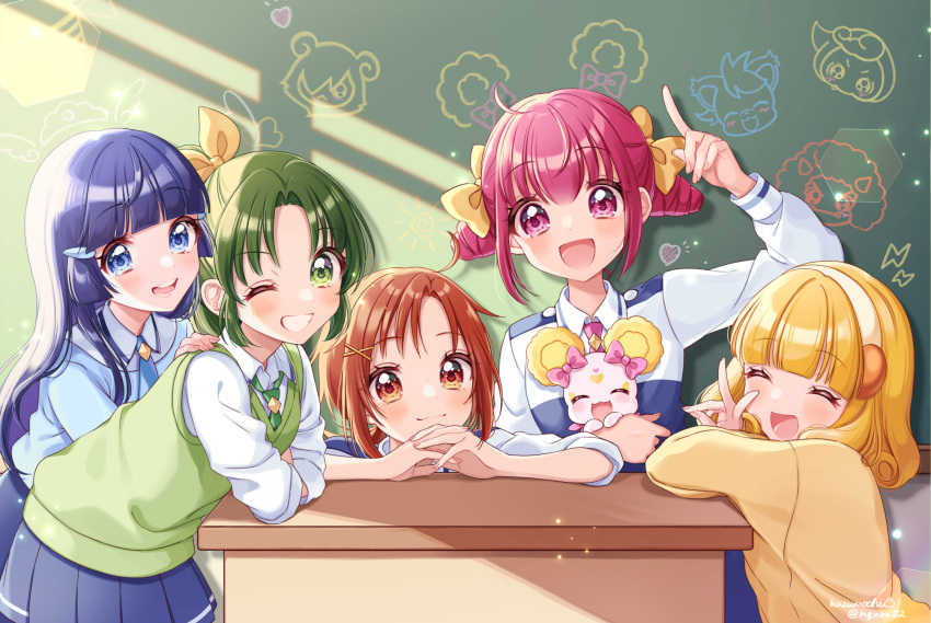 5girls ^_^ ahoge aoki_reika arm_on_table blonde_hair blue_hair blue_shirt blue_skirt blue_sweater blunt_bangs bow buttons candy_(smile_precure!) chalkboard classroom closed_eyes closed_mouth collared_shirt cone_hair_bun cowboy_shot creature curly_hair desk double_bun everyone eyelashes fingernails green_hair green_necktie green_vest grin hair_bow hair_bun hair_ornament hair_over_shoulder hairband hairclip hand_on_another's_shoulder heart highres hino_akane_(smile_precure!) holding holding_creature hoshizora_miyuki indoors interlocked_fingers kise_yayoi kuzumochi leaning_forward light_blush long_hair long_sleeves looking_at_viewer lower_teeth_only medium_hair midorikawa_nao miniskirt multiple_girls nanairogaoka_middle_school_uniform necktie ok_sign one_eye_closed open_mouth own_hands_together pink_bow pink_eyes pink_hair pink_necktie pointing pointing_up ponytail precure red_hair school_uniform shirt short_hair skirt smile smile_precure! sunlight sweater teeth two-tone_shirt upper_body vest white_hairband white_shirt x_hair_ornament yellow_bow yellow_sweater