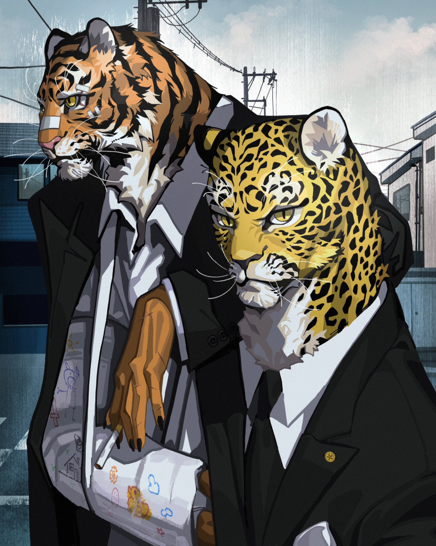 2023 anthro black_body black_clothing black_ears black_fur black_necktie black_topwear cast cigarette clothed clothing felid fur hi_res holding_cigarette holding_object leopard lljh mammal multicolored_body multicolored_ears multicolored_fur necktie orange_body orange_fingers orange_fur orange_hands pantherine sky tiger topwear two_tone_ears whiskers white_body white_clothing white_fur white_topwear yellow_body yellow_ears yellow_fur