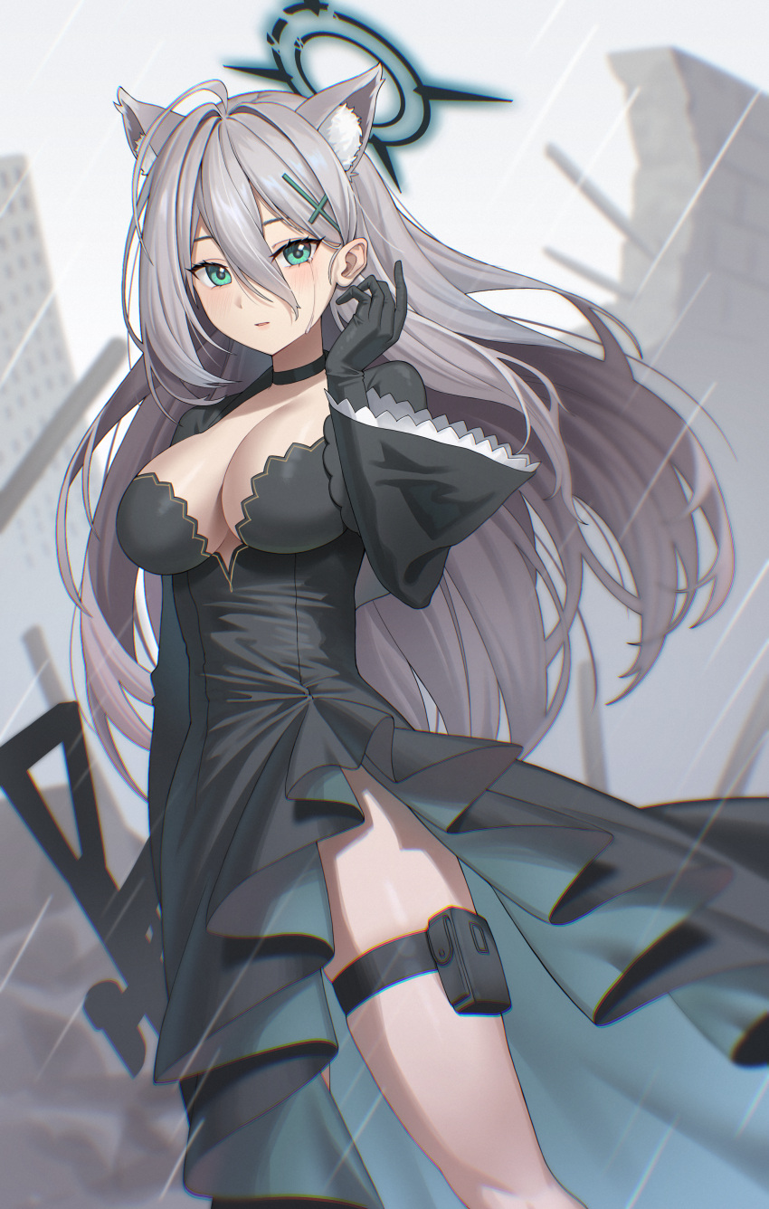 1girl absurdres black_choker black_dress black_gloves black_halo blue_archive blush breasts choker cleavage cross_hair_ornament crying crying_with_eyes_open dark_halo dress feet_out_of_frame frilled_dress frills gloves green_eyes grey_hair hair_ornament halo highres large_breasts long_hair long_sleeves looking_at_viewer neil_(neil_nim) shiroko_(blue_archive) shiroko_terror_(blue_archive) solo tears thigh_strap wide_sleeves