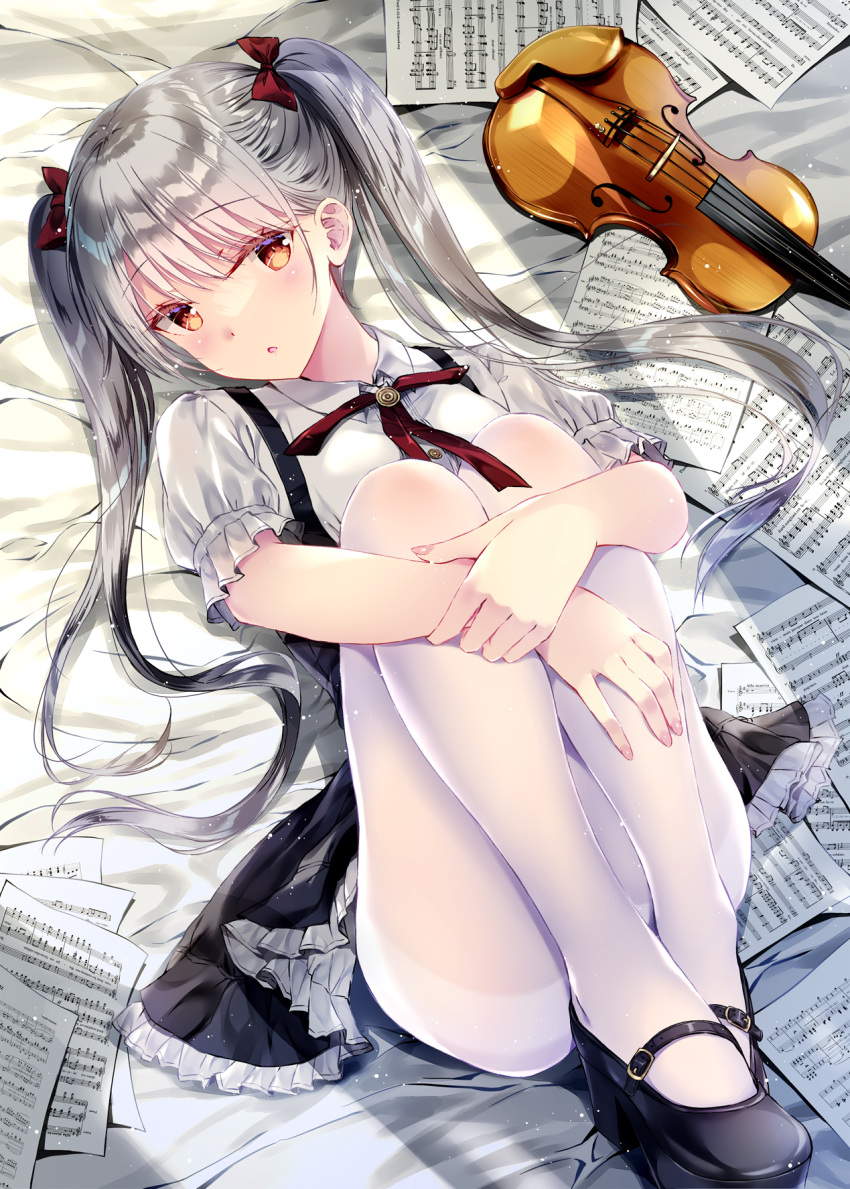 1girl bed_sheet black_footwear black_skirt blush bow brown_eyes buttons collared_shirt dress_shirt frilled_skirt frilled_sleeves frills grey_hair hair_bow hair_spread_out highres hugging_own_legs instrument kobayashi_chisato long_hair looking_at_viewer lying mary_janes miniskirt neck_ribbon on_back original pantyhose parted_lips red_bow red_ribbon revision ribbon sheet_music shirt shoes short_sleeves sidelocks skirt solo thighband_pantyhose twintails very_long_hair violin white_pantyhose white_shirt