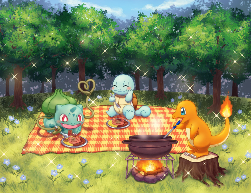 blanket blue_eyes blue_flower blush bright_pupils bulbasaur charmander claws closed_eyes cooking cooking_pot creature curry curry_rice fangs fire flame-tipped_tail flower food forest grass highres holding holding_spoon nature no_humans picnic pokemon pokemon_(creature) red_eyes rice sausage siho1209 sitting sparkle spoon squirtle starter_pokemon_trio tree tree_stump white_pupils