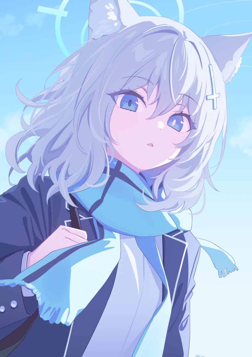 1girl animal_ear_fluff animal_ears black_jacket blue_archive blue_eyes blue_halo blue_scarf blue_sky cloud commentary cross_hair_ornament day deadnooodles fringe_trim grey_hair hair_between_eyes hair_ornament halo hand_up highres jacket long_sleeves looking_at_viewer mismatched_pupils open_clothes open_jacket outdoors parted_lips revision scarf shiroko_(blue_archive) shirt sky solo symbol-only_commentary upper_body white_shirt wolf_ears