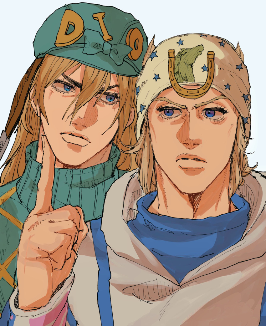 2boys argyle argyle_sweater blonde_hair blue_eyes diego_brando hat helmet highres horseshoe horseshoe_ornament johnny_joestar jojo_no_kimyou_na_bouken male_focus misogi_(princess_connect!) multiple_boys pointing pointing_up portrait steel_ball_run sugikahunkiena sweater turtleneck