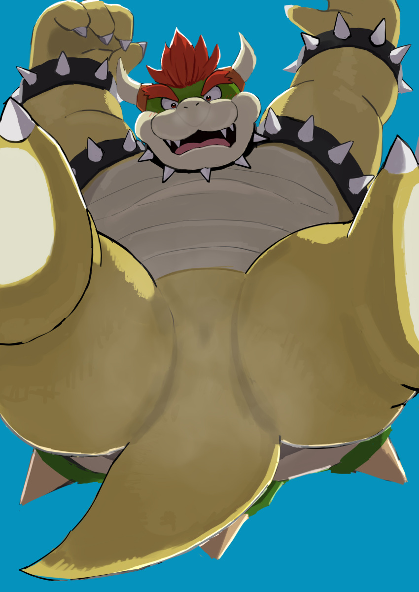 9dtq0 absurd_res anthro belly bowser bracelet collar featureless_crotch hair hi_res horn jewelry koopa looking_at_viewer looking_down low-angle_view male mario_bros nintendo overweight red_hair scalie shell solo spiked_bracelet spiked_collar spiked_shell spikes spikes_(anatomy) spread_legs spreading underneath