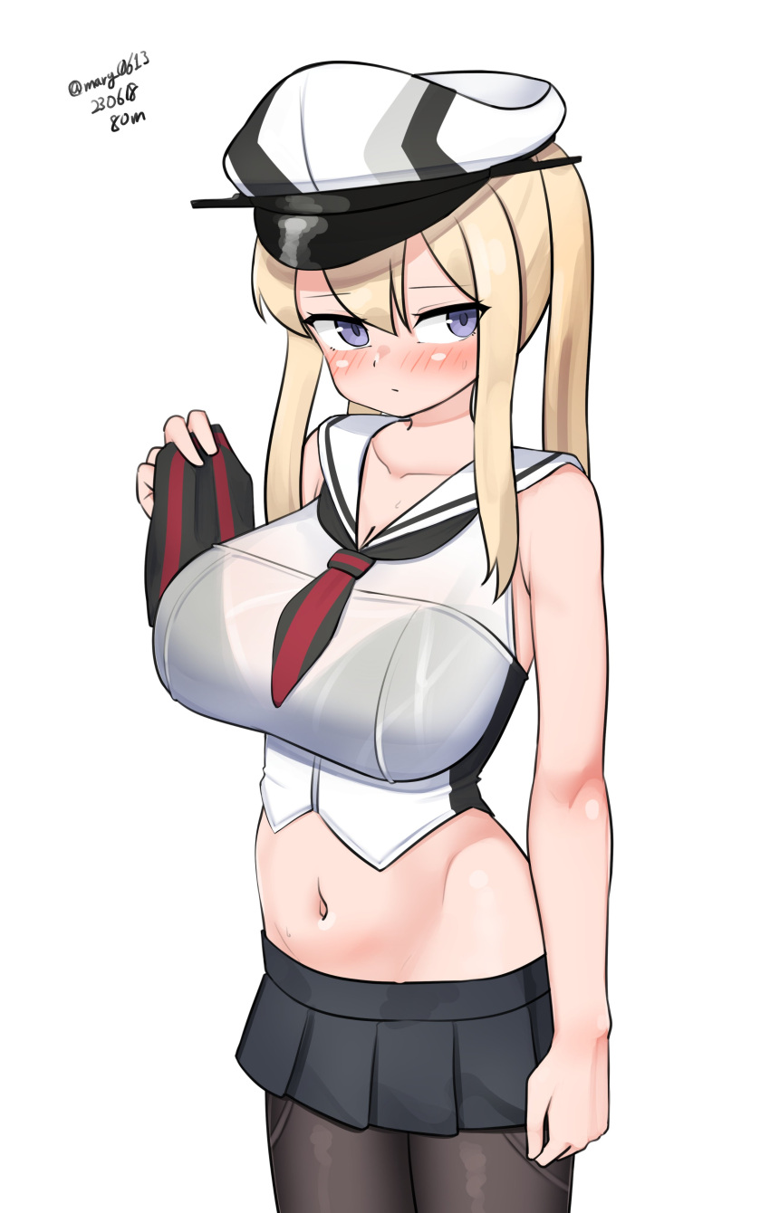 1girl absurdres adapted_costume black_pantyhose black_skirt blonde_hair bra_visible_through_clothes breasts cowboy_shot crop_top graf_zeppelin_(kancolle) grey_eyes hair_between_eyes hat highres kantai_collection large_breasts maru_(marg0613) microskirt midriff navel necktie one-hour_drawing_challenge pantyhose peaked_cap pleated_skirt red_necktie sailor_collar sailor_shirt shirt sidelocks simple_background skirt sleeveless sleeveless_shirt solo twintails two-tone_necktie white_background white_headwear white_sailor_collar