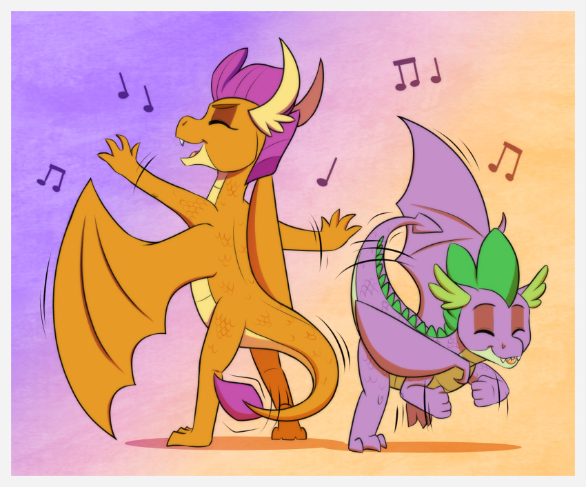 dancing dragon duo eyes_closed female friendship_is_magic hasbro inuhoshi-to-darkpen male membrane_(anatomy) membranous_wings musical_note my_little_pony orange_body orange_scales purple_body purple_scales scales smolder_(mlp) spike_(mlp) wings