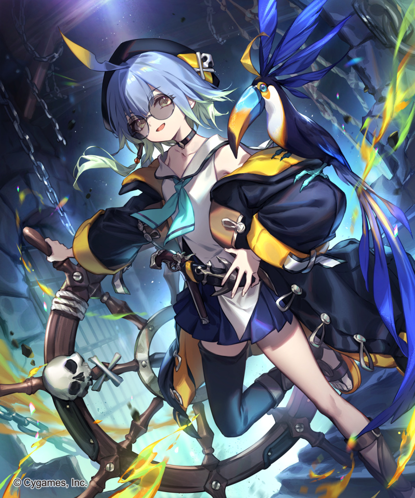 1girl ahoge barbaros_(shadowverse) bare_shoulders bird black-framed_eyewear black_collar black_headwear blue_hair blue_skirt breasts cave_interior chain collar dungeon foliage glasses hair_ornament hat highres jacket lee_hyeseung looking_at_viewer multicolored_hair official_art open_clothes open_jacket open_mouth pirate pleated_skirt round_eyewear sailor_collar sailor_shirt shadowverse shirt short_hair skirt skull_hair_ornament smile solo steering_wheel thighhighs wide_sleeves wood yellow_eyes