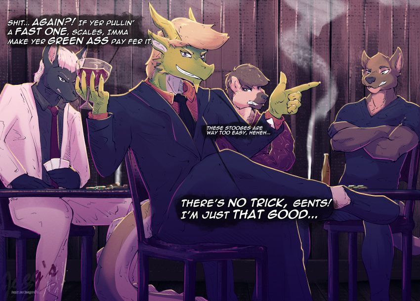 alcohol beverage canid canine canis celadon_vian cigarette cigarette_smoke clothing cocky_smile container cup dialogue domestic_dog dragon drinking_glass glass glass_container glass_cup hi_res hyena imminent_rape instant_loss_2koma jackal jaeger_wunderkind male mammal reptile scalie smile smirk suit wine wine_glass