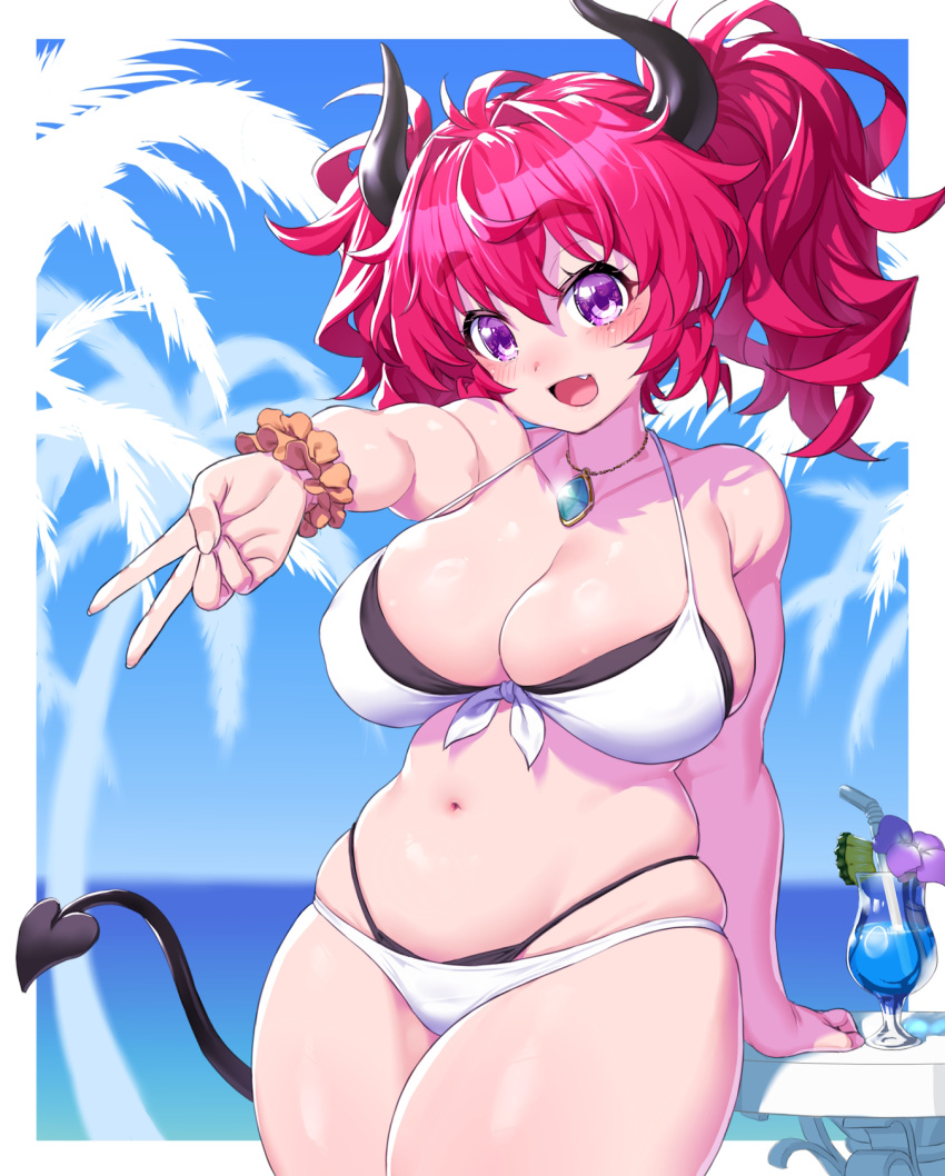 1girl alma_(onsoku_inu) arm_at_side bikini blue_background blurry blurry_background blush breasts cleavage commentary_request cowboy_shot cup curly_hair demon_horns demon_tail drinking_glass drinking_straw fang foreshortening gyaru_v hair_intakes halterneck highres horns jewelry large_breasts looking_at_viewer multi-strapped_bikini onsoku_inu open_mouth original outstretched_arm pendant pink_hair plump purple_eyes scrunchie short_hair short_twintails skindentation smile solo swimsuit tail tareme thick_thighs thighs twintails v white_bikini wrist_scrunchie