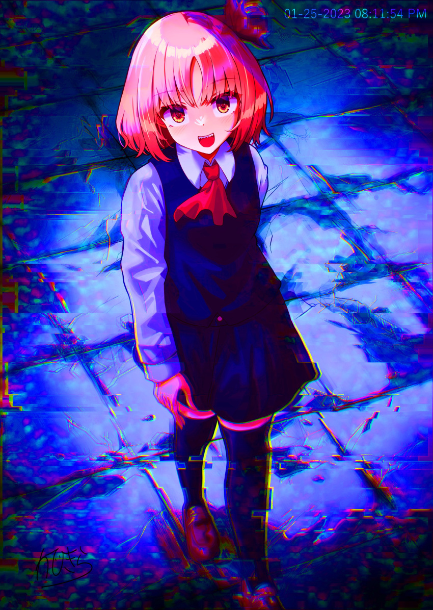 1girl absurdres black_thighhighs black_vest blurry floor highres horror_(theme) kabi_killer looking_ahead looking_at_viewer miniskirt necktie open_mouth red_necktie rumia shirt skirt solo thighhighs touhou vest walking white_shirt zettai_ryouiki