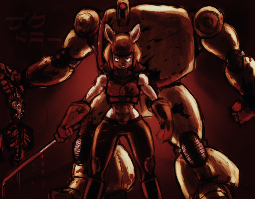 animal_humanoid anthro blood blood_on_clothing blood_on_face blood_on_hand blood_splatter bodily_fluids carolina_(kaizooki) clothing duo female female/female gore humanoid kaizooki lagomorph lagomorph_humanoid machine mammal mammal_humanoid mecha robot robot_humanoid