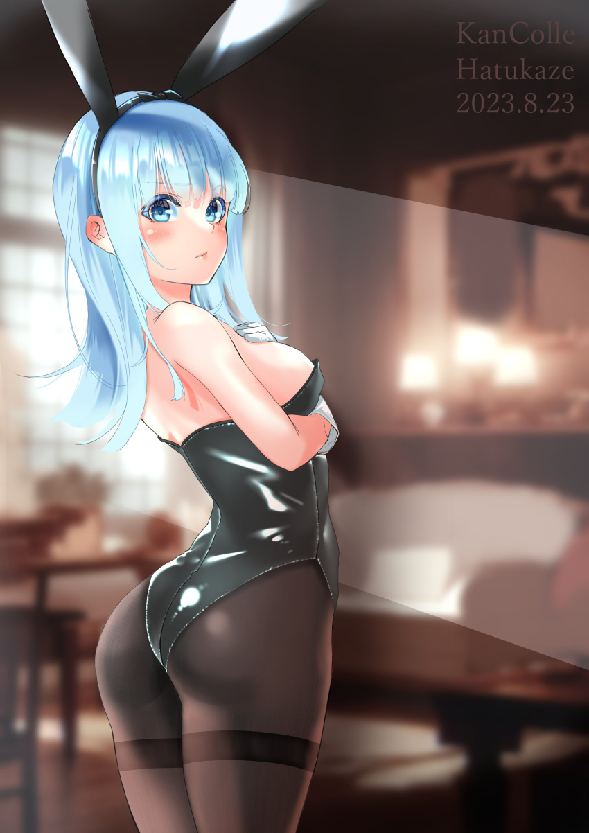 1girl absurdres alternate_costume animal_ears ass black_leotard black_pantyhose blue_eyes blue_hair blurry blurry_background character_name copyright_name dated from_behind hatsukaze_(kancolle) highres indoors kantai_collection leotard long_hair looking_at_viewer pantyhose playboy_bunny rabbit_ears solo strapless strapless_leotard thighband_pantyhose wrist_cuffs yoshiki_(bpmaxm)