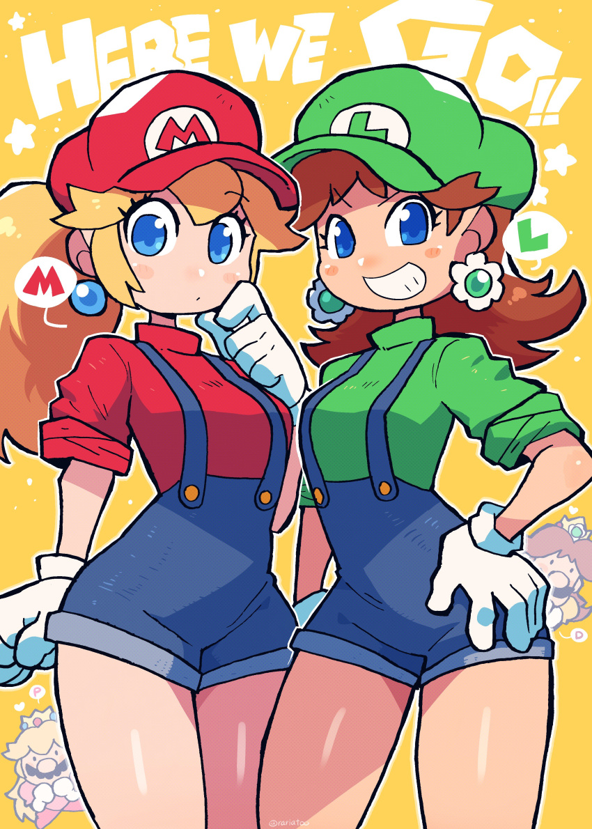 2girls absurdres blonde_hair blue_eyes blue_overalls brown_hair cosplay crown earrings english_text facial_hair gloves green_headwear green_shirt hat highres jewelry looking_at_viewer luigi luigi_(cosplay) mario mario_(cosplay) mario_(series) medium_hair multiple_girls mustache overall_shorts overalls ponytail princess_daisy princess_daisy_(cosplay) princess_peach princess_peach_(cosplay) rariatto_(ganguri) red_headwear red_shirt shirt short_sleeves speech_bubble teeth white_gloves yellow_background