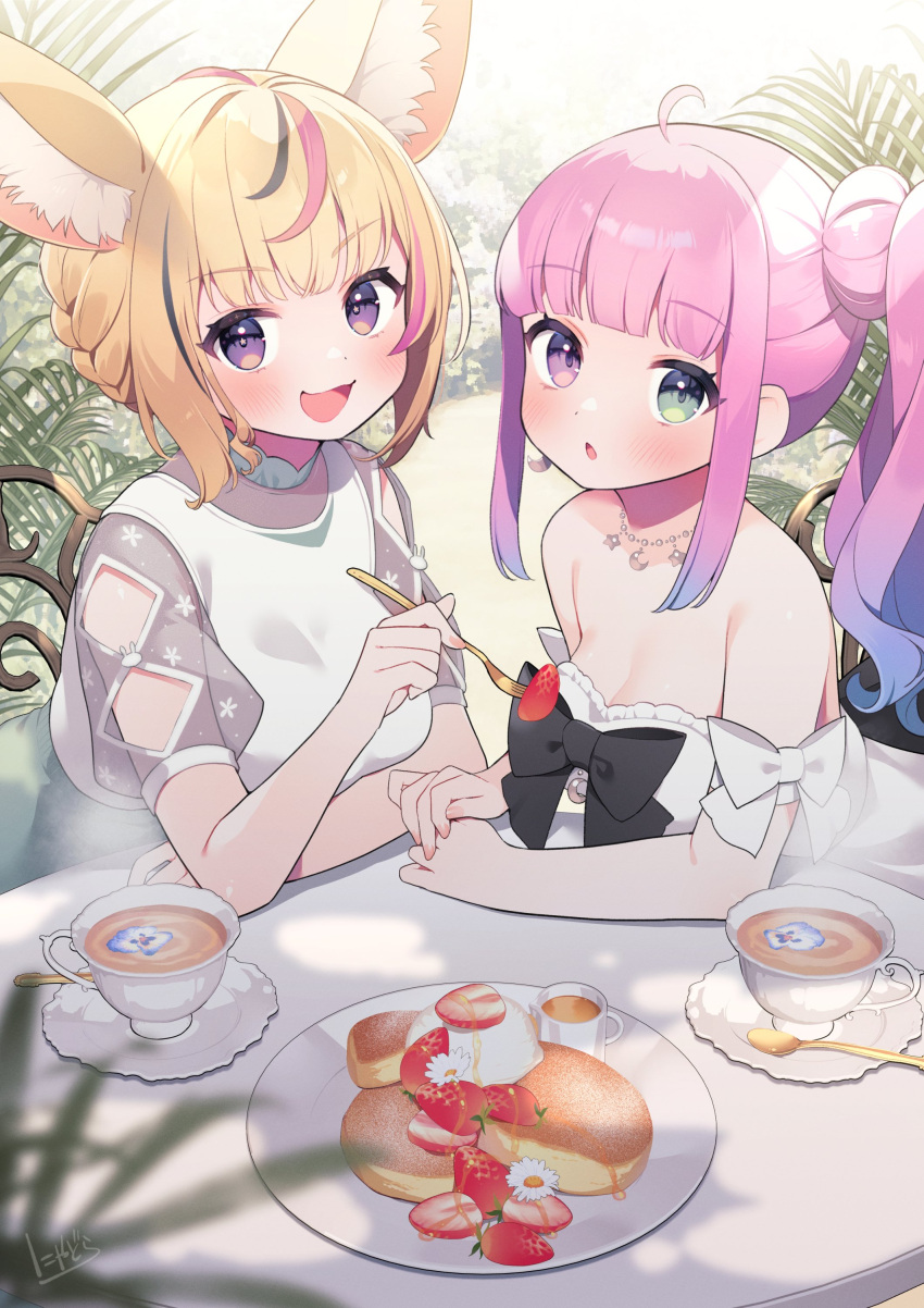 2girls absurdres ahoge animal_ear_fluff animal_ears arm_rest arms_on_table artist_name bare_shoulders black_bow black_hair blonde_hair blouse blunt_bangs blurry blurry_foreground blush bow braid breasts cleavage crescent_necklace cup day dress food food_request fork fox_ears fox_girl french_braid frilled_dress frills fruit green_eyes heterochromia highres himemori_luna himemori_luna_(4th_costume) holding holding_fork hololive jewelry large_bow long_hair looking_at_viewer medium_breasts medium_hair multicolored_hair multiple_girls necklace nyasunyadoora official_alternate_costume official_alternate_hairstyle omaru_polka omaru_polka_(3rd_costume) open_mouth outdoors pearl_necklace pink_hair purple_eyes saucer see-through see-through_sleeves shirt short_sleeves side_ponytail sidelocks sitting smile spoon star-shaped_pupils star_(symbol) star_necklace strapless strapless_dress strawberry streaked_hair symbol-shaped_pupils table tablecloth tea tea_party tea_set teacup upper_body virtual_youtuber watermark white_dress white_shirt