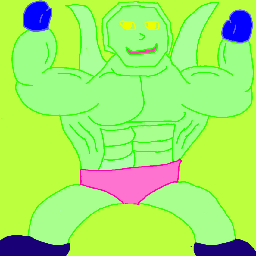 arms_above_head clothing diamondhead dirohida652001 drawing footwear gloves green_body green_skin handwear hi_res male muscular muscular_male pink_clothing pink_underwear socks solo underwear yellow_eyes