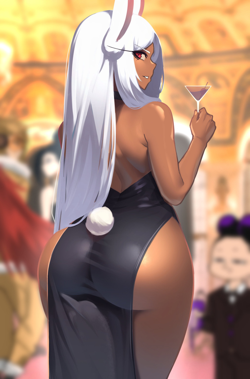 2boys 2girls absurdres animal_ears ass backless_dress backless_outfit black_dress blurry blurry_background boku_no_hero_academia cocktail_glass commentary cowboy_shot cup dark-skinned_female dark_skin dress drinking_glass english_commentary from_behind grey_hair hawks_(boku_no_hero_academia) highres holding holding_cup indoors long_eyelashes long_hair looking_at_viewer looking_back mineta_minoru mirko multiple_boys multiple_girls niflhiem rabbit_ears rabbit_girl rabbit_tail red_eyes side_slit sideways_mouth smile solo_focus tail very_long_hair yaoyorozu_momo