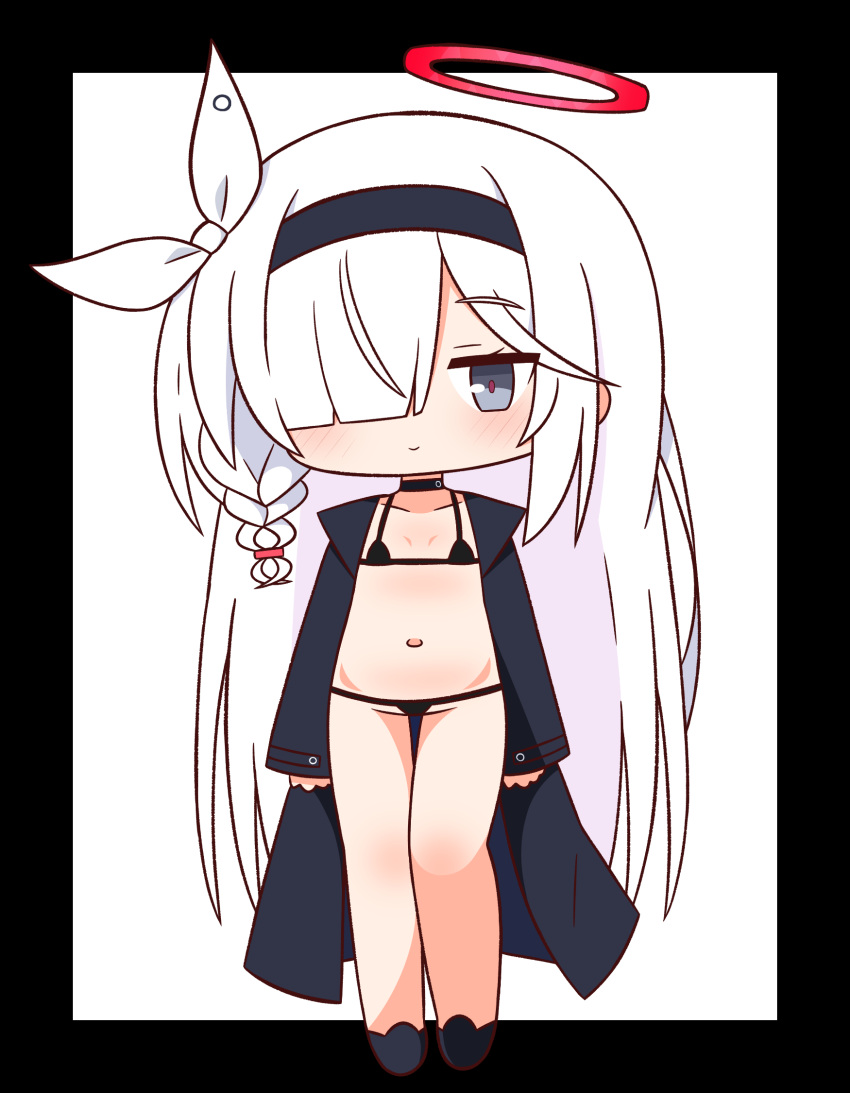 1girl bikini black_background black_bikini black_choker black_footwear black_hairband black_jacket blue_archive blush braid chibi choker closed_mouth collarbone full_body grey_eyes groin hair_over_one_eye hair_ribbon hairband halo hana_kazari highres jacket long_hair long_sleeves looking_at_viewer micro_bikini navel open_clothes open_jacket plana_(blue_archive) ribbon shoes single_braid sleeves_past_wrists smile solo standing swimsuit two-tone_background very_long_hair white_background white_hair white_ribbon