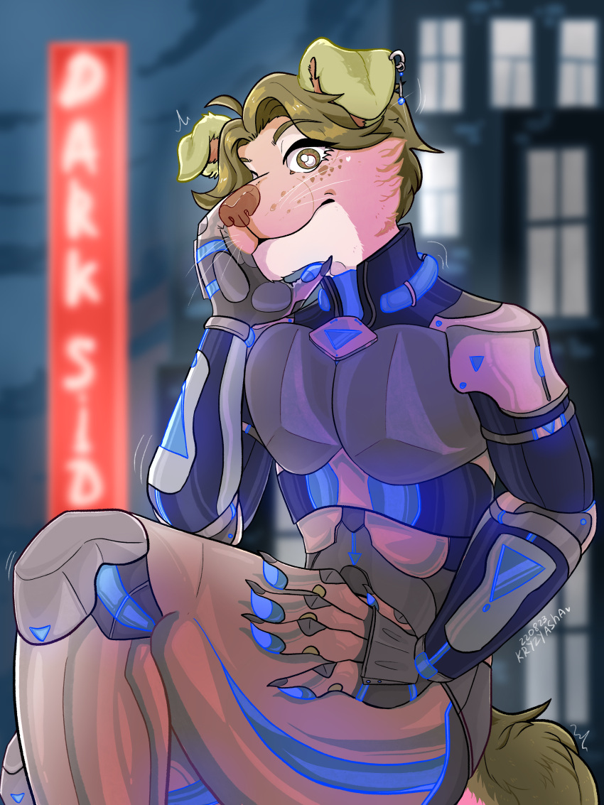 absurd_res anthro breasts building canid canine canis clothed clothing detailed_background digital_media_(artwork) domestic_dog fan_character fur futuristic glowing hair hi_res kryzyasha latex looking_at_viewer male mammal neon_genesis_evangelion night outside plugsuit rubber rubber_clothing rubber_suit science_fiction skinsuit spacesuit suit tail tight_clothing wolf