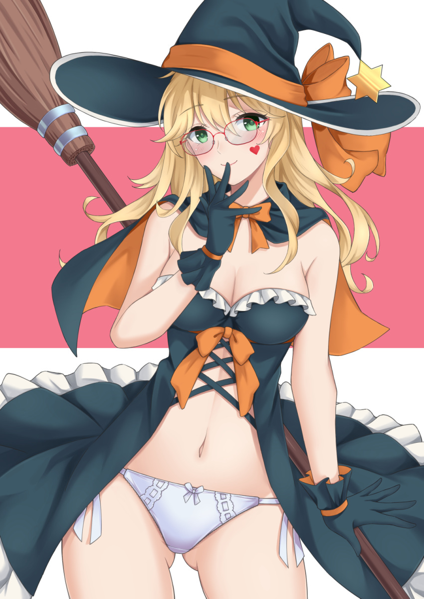 1girl black_dress black_gloves black_headwear blonde_hair blush bow breasts broom cape cleavage dress glasses gloves green_eyes hat hat_bow heart_on_chest highres holding holding_broom large_hat long_hair looking_at_viewer medium_breasts navel open_clothes open_dress original panties rei_(09991) revealing_clothes side-tie_panties sleeveless sleeveless_dress solo stomach underwear white_panties witch witch_hat