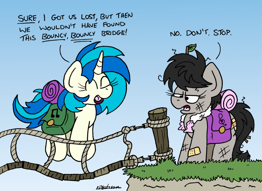 bag band-aid bandage black_hair blue_hair bobthedalek bridge dialogue earth_pony english_text equid equine female friendship_is_magic fur grey_body grey_fur hair hasbro hi_res horn horse imminent_death mammal messy_hair my_little_pony octavia_(mlp) pony text unicorn vinyl_scratch_(mlp) white_body white_fur