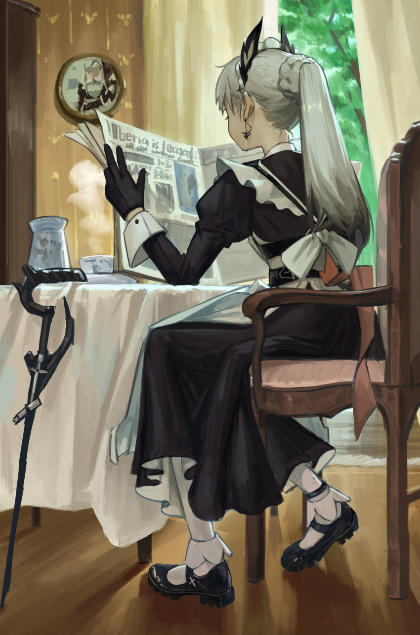 1girl absurdres apron arknights back_bow black_dress black_footwear black_gloves bow braid cane chair commentary curtains dress earrings from_behind gloves grey_hair head_wings highres holding holding_newspaper indoors irene_(arknights) irene_(voyage_of_feathers)_(arknights) jewelry juliet_sleeves long_sleeves maid maid_apron newspaper official_alternate_costume pantyhose peach21 ponytail portrait_(object) puffy_sleeves reading shoes sitting sleeve_cuffs solo symbol-only_commentary wardrobe white_apron white_bow white_pantyhose wings