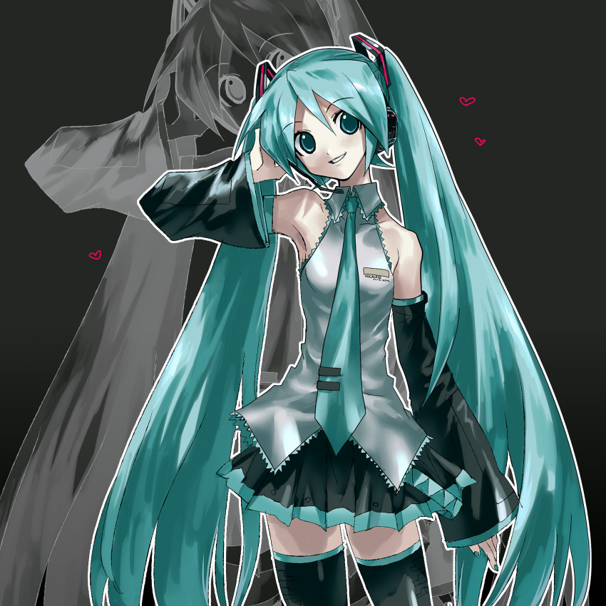 1girl aqua_eyes aqua_hair aqua_nails aqua_necktie bare_shoulders black_background black_skirt black_sleeves black_thighhighs cowboy_shot detached_sleeves grey_shirt grin hair_ornament hand_on_headphones hatsune_miku head_tilt headphones headset heart highres long_hair looking_at_viewer miniskirt nail_polish necktie negative pleated_skirt shirt skirt sleeveless sleeveless_shirt smile solo standing thighhighs torichikushou twintails very_long_hair vocaloid zettai_ryouiki zoom_layer