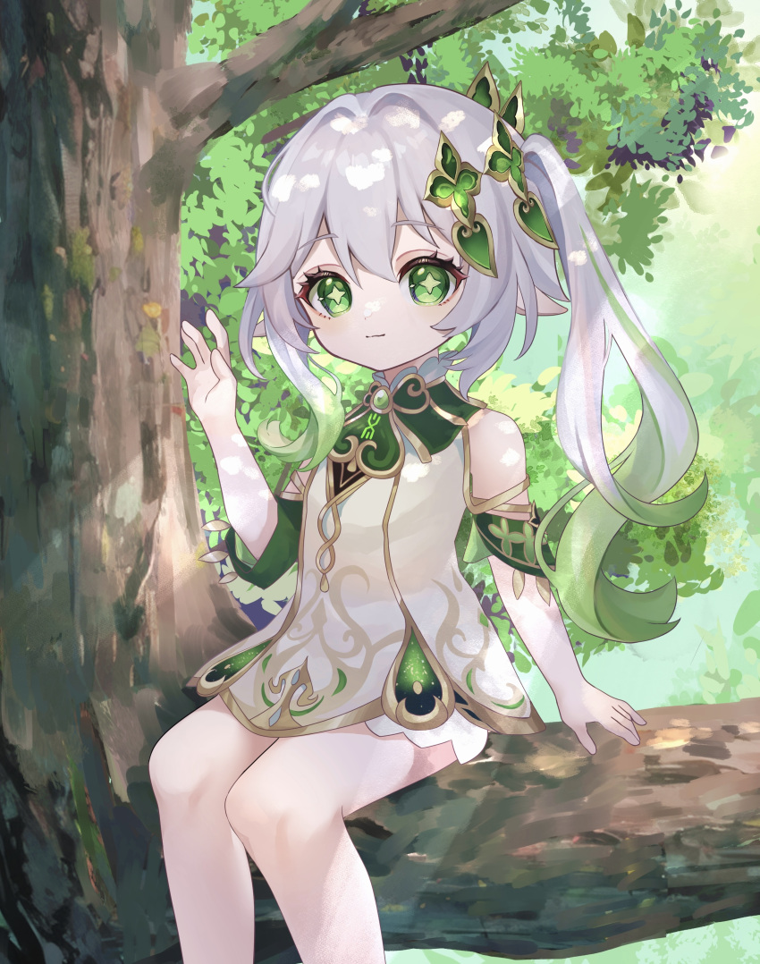 1girl absurdres closed_mouth dappled_sunlight genshin_impact green_eyes hair_between_eyes highres in_tree leaf legs looking_at_viewer nahida_(genshin_impact) on_tree outdoors pointy_ears sidelocks sitting smile solo star-shaped_pupils star_(symbol) sunlight symbol-shaped_pupils tree uuu_ewokaku white_hair