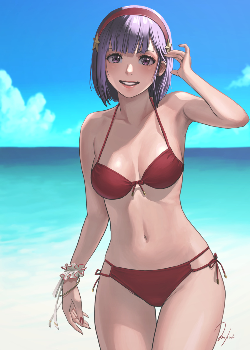 1girl alternate_costume asamiya_athena bikini blue_sky breasts cleavage cloud commentary_request fingernails grin hairband highres lips looking_at_viewer medium_breasts murasaki-sin navel ocean outdoors pink_lips purple_eyes purple_hair red_bikini red_hairband red_nails sand sky smile solo stomach swimsuit teeth the_king_of_fighters the_king_of_fighters_xv