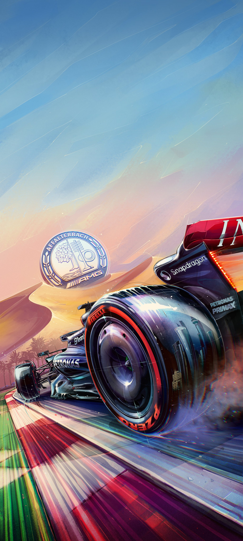 absurdres andrew_mytro car desert english_commentary formula_one formula_racer from_behind highres lusail mercedes-benz motion_blur motor_vehicle no_humans official_art race_vehicle racecar real_world_location reflection sky spoiler_(automobile) vehicle_focus