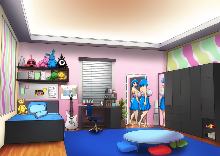 1girl bare_legs bare_shoulders barefoot bed bedroom blue_hair blue_skirt breasts chair desk erkaz guitar highres huge_breasts indoors instrument medium_hair mirror original periodic_table pillow rina_atherina skirt solo stuffed_animal stuffed_rabbit stuffed_toy table teddy_bear wide_shot