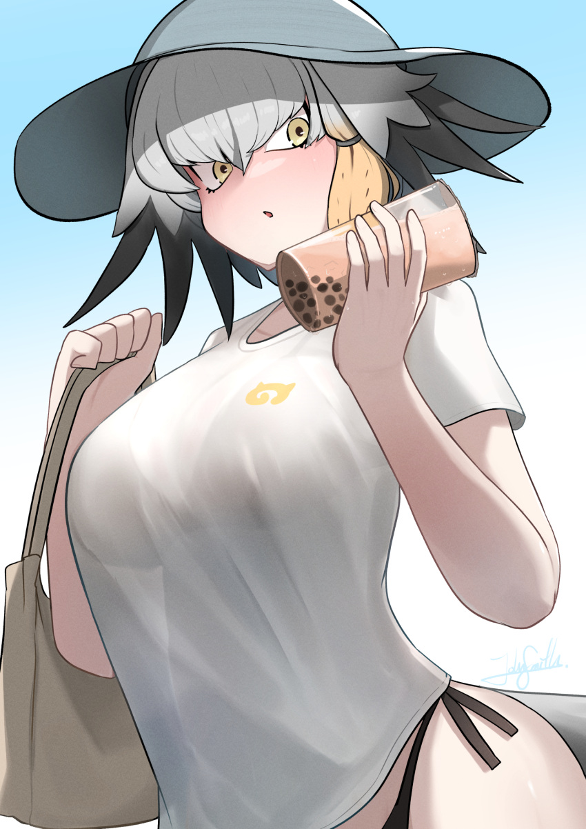 1girl bag bikini bikini_under_clothes bird_tail bird_wings black_bikini black_hair blonde_hair blush breasts bubble_tea commentary_request cup feathered_wings grey_hair grey_headwear hair_between_eyes hat head_wings highres holding holding_bag holding_cup japari_symbol_print john_(a2556349) kemono_friends large_breasts long_hair looking_at_viewer multicolored_hair open_mouth shirt shoebill_(kemono_friends) short_sleeves signature solo sun_hat swimsuit t-shirt tail upper_body white_shirt wings yellow_eyes