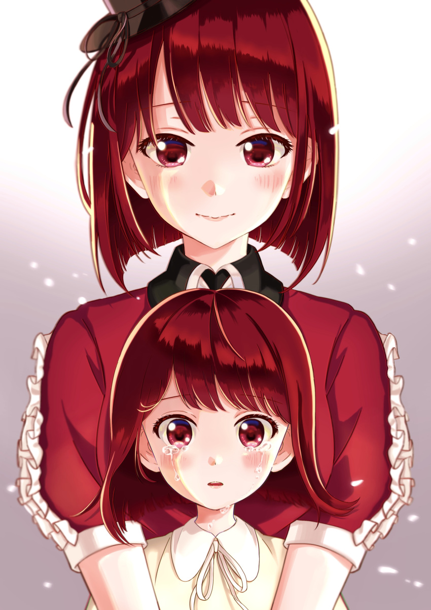 2girls absurdres age_progression arima_kana black_headwear black_ribbon blush bob_cut closed_mouth collared_shirt crying crying_with_eyes_open floating_hair frilled_sleeves frills gradient_background grey_background hat hat_ribbon highres idol idol_clothes inverted_bob light_particles looking_at_viewer medium_hair mini_hat mini_top_hat multiple_girls neck_ribbon open_mouth oshi_no_ko parted_bangs red_hair red_shirt ribbon shadow shirt short_sleeves swept_bangs tears time_paradox top_hat upper_body xiwei7342327396 yellow_ribbon yellow_shirt
