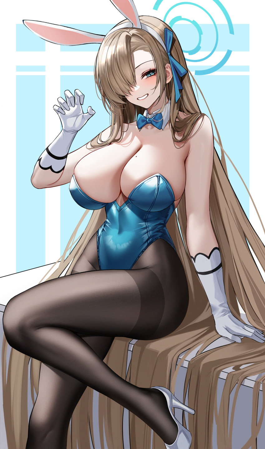 1girl absurdres animal_ears aqua_eyes asuna_(blue_archive) asuna_(bunny)_(blue_archive) bare_shoulders black_pantyhose blonde_hair blue_archive blue_bow blue_bowtie blue_halo blush bow bowtie breasts cleavage detached_collar elbow_gloves eternity_(shadeh) fake_animal_ears gloves hair_ornament hair_over_one_eye hairband halo high_heels highres large_breasts long_hair looking_at_viewer mole mole_on_breast official_alternate_costume one_eye_covered pantyhose parted_lips playboy_bunny smile solo teeth thighband_pantyhose thighs white_footwear white_gloves white_hairband